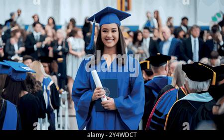 Eine stolze Hochschulabsolventin steht in ihrer Mütze und ihrem Kleid, hält ihr Diplom und lächelt, während sie nach vorne blickt. Sie markiert das Ende der harten Arbeit und einen Neuanfang. Stock Vektor