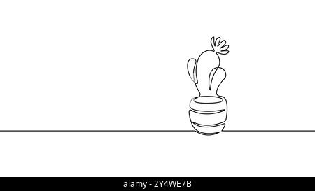 Kaktussukkulenten Pflanzen. Einzeilen-Tusche-Sketch-Blüten in einem Topf dekorative Zimmerpflanzen-Kakteen. Vektordarstellung der Konturumrandung Stock Vektor