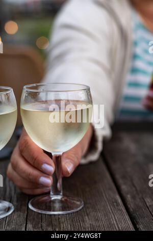 Verkostung von Bordeaux-Weißwein, rechtes Ufer der Gironde-Mündung, Frankreich. Gläser weißen, süßen französischen Weines, serviert im Außenrestaurant, Austern Farm Stockfoto