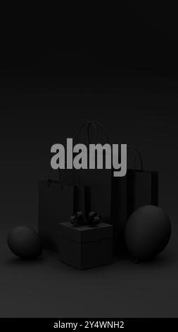 Black Friday Sale 3D Illustration mit schwarzen Einkaufstaschen, Geschenkbox und schwarzen Ballons, die auf schwarzem Hintergrund stehen. Einkaufsangebot Geschäftskonzept Stockfoto