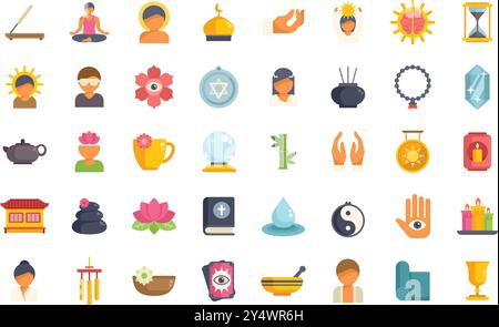 Dieses Bild ist ein vielfältiges Set von bunten Ikonen, die verschiedene Aspekte von Yoga, Meditation und spirituellen Heilpraktiken darstellen Stock Vektor