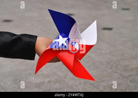 Hand mit wunderschönem Wirbel mit chilenischer Flagge Stockfoto