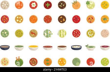 Suppen-Icons-Set mit einer Vielzahl von Aromen und Zutaten, perfekt für die Darstellung verschiedener Suppen Stock Vektor