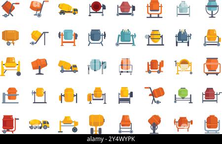 Satz von Betonmischern mit verschiedenen Modifikationen, die zum Mischen von Zement bei Bauarbeiten verwendet werden Stock Vektor