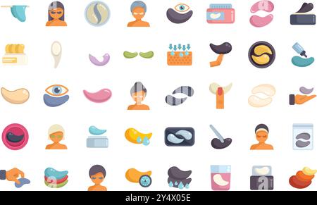 Verschiedene Symbole zeigen Frauen, die unter den Augen Patches für eine erfrischende und verjüngende Hautbehandlung verwenden Stock Vektor