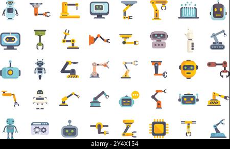 Dieses große Set farbenfroher Symbole zeigt Roboter und Roboterarme in verschiedenen Positionen und veranschaulicht Konzepte der künstlichen Intelligenz Stock Vektor