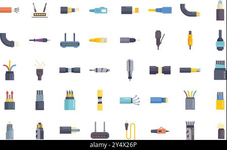 Dieses Set enthält verschiedene elektrische Steckverbinder und Netzwerkkabel, die Geräte verbinden, ideal für technologiebezogene Projekte Stock Vektor