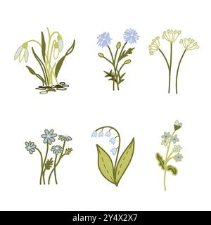 Vektor-Blumenset, zarte Blumen in blauen und grünen Farben. Snowdrop, Daisy, Lily of the Valley, Vergiss-mich-nicht, Cornflower. Minimalistisches Zeichnen Stock Vektor