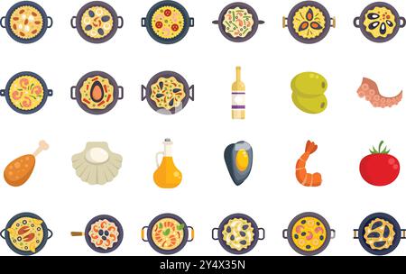 Dieses Set enthält verschiedene Arten von Paella, ein beliebtes spanisches Gericht, zusammen mit wichtigen Zutaten, die in einem flachen Vektorstil von oben aufgenommen werden Stock Vektor