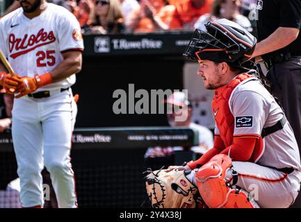 Baltimore, USA. September 2024. BALTIMORE, MD - 19. SEPTEMBER: San Francisco Giants Catcher Patrick Bailey (14) am Beginn des Inning während eines MLB-Spiels zwischen den Baltimore Orioles und den San Francisco Giants am 19. September 2024 im Orioles Park in Camden Yards in Baltimore, Maryland. (Foto: Tony Quinn/SipaUSA) Credit: SIPA USA/Alamy Live News Stockfoto