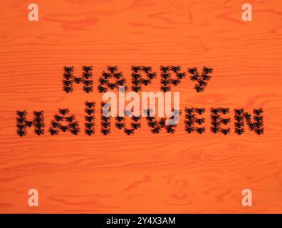 Happy Halloween Text auf orangem Hintergrund. Halloween-Inschrift aus Spielzeugspinnen. Draufsicht, flach. Kopierbereich. Stockfoto