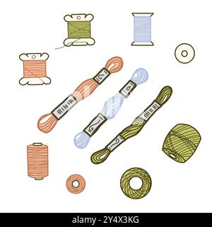 Garne und Spulen zum Nähen und Sticken, Stricken oder Makramee. Hand gezeichnete farbige Vektor-Illustration von Strängen. Set für Schneiderinnen, Bastelarbeiten Stock Vektor