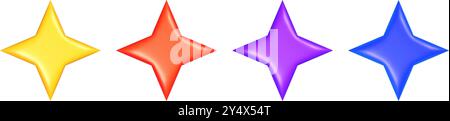 Gelbe, rote, lila und blaue Symbole in 3D-Sternform isoliert. Vektorabbildung Stock Vektor