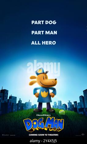 Dog man (2025) unter der Regie von Peter Hastings mit Isla Fisher, Stephen Root und Ricky Gervais. Hundemann, halber Hund und halber Mann, er ist geschworen, ihn zu beschützen und zu dienen, während er hartnäckig den Katzenüberschurken Petey verfolgt. US Advance Poster ***NUR FÜR REDAKTIONELLE ZWECKE***. Quelle: BFA / Universal Pictures Stockfoto