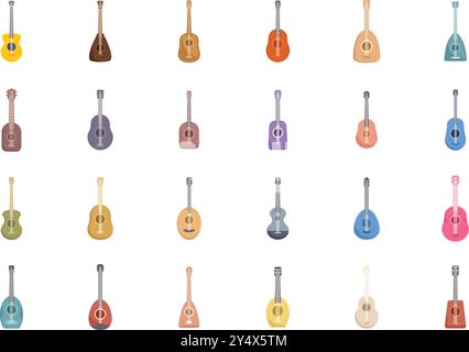 Set aus farbenfrohen Akustikgitarren mit verschiedenen Farben und Formen, ideal für Musikkonzepte Stock Vektor