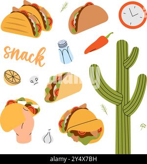 Tacos-Set. Imbiss zum Mitnehmen. Handgezeichnete Elemente für Cafés, Restaurants. Mexikanische Küche Restaurant Essen. Vektorabbildung Stock Vektor