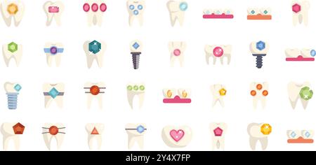 Set von Zahnschmuck-Ikonen, die verschiedene Arten der Zahndekoration mit Edelsteinen und Kristallen unter Verwendung moderner stomatologischer Technologien zeigen Stock Vektor