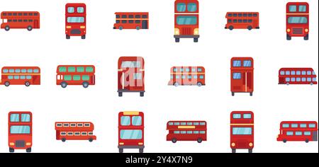 Set aus roten Doppeldeckerbussen in london mit verschiedenen Seiten und Winkeln, Symbole des öffentlichen Nahverkehrs in flachem Stil Stock Vektor