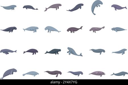 Eine Reihe von Illustrationen mit Dugongs in verschiedenen Schwimmpositionen Stock Vektor