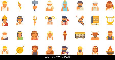 Sammlung von farbenfrohen flachen Design-Ikonen, die berühmte Figuren und Objekte aus der griechischen Mythologie darstellen Stock Vektor