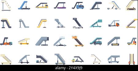 Set von Einstiegsrampen am Flughafen und Passagiertreppen, die den Zugang zu Flugzeugen für Passagiere und Besatzung erleichtern Stock Vektor