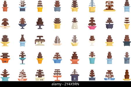 Schokoladenbrunnen fließen auf kaskadierenden Ebenen Ikonen mit verschiedenen Stilen und Arten von Schokoladenbrunnen Stock Vektor