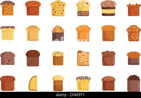 Set von Symbolen, die verschiedene Arten von osterbrot zeigen, mit verschiedenen Belägen und Dekorationen Stock Vektor