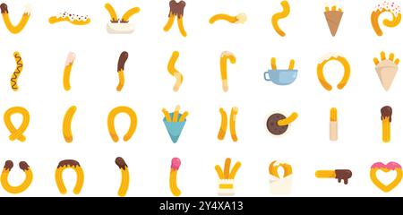 Vektor-Illustration Set von Churros-Symbolen mit verschiedenen Toppings, Dips und Formen, isoliert auf weißem Hintergrund Stock Vektor