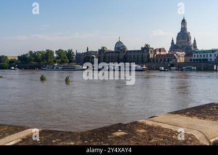 Dresden Deutschland 18. September 2024: Das Hochwasser hat die 6-Meter-Marke überschritten, die Elbwiesen stehen unter Wasser. Stockfoto