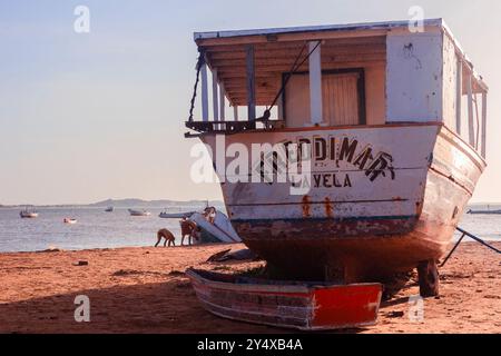 Verwitterte Fischerboote ruhen an einem Sandstrand. Die Boote sind mit wunderschönen Farben bemalt und warten im Sand, um ins Meer zu gelangen Stockfoto