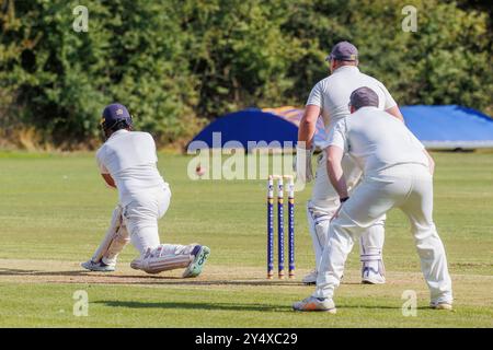 Der Newton Aycliffe Cricket Club war an einem sonnigen Samstagnachmittag Gastgeber des Middlesborough Cricket Club. Hinten am linken Schlagmann, während er auf den Ball fegt Stockfoto