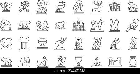 Eisskulptur Icons Set. Eine Reihe einfacher schwarz-weißer Heraldik-Statuen zeigt Symbole, die verschiedene Tiere, Objekte und mythische Kreaturen auf den Sockeln zeigen Stock Vektor