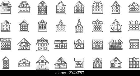 Traditionelle deutsche Häuser Ikonen gesetzt. Diese Reihe von traditionellen deutschen Häusern zeigt Wohngebäude Stock Vektor