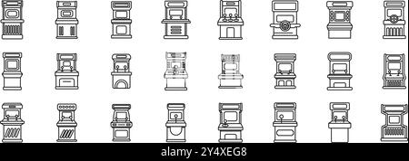 Retro-Arcade-Videospielbildschirm-Symbole eingestellt. Großer Satz verschiedener Arcade-Spielschränke mit Joysticks und Knöpfen für das Spiel im Retro-8-Bit-Stil aus den 80er oder 90er Jahren Stock Vektor