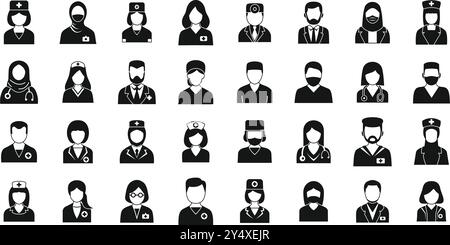 Doktor Avatare Symbole gesetzt. Dieser Satz medizinischer Avatarsymbole zeigt verschiedene medizinische Fachkräfte, die verschiedene Uniformen tragen Stock Vektor