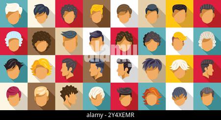 Perücke für Männer. Eine vielfältige Kollektion von männlichen Frisuren und Frisuren wird gezeigt, die eine Vielzahl von Stilen für Männer unterschiedlichen Alters und Berufen zeigen Stock Vektor