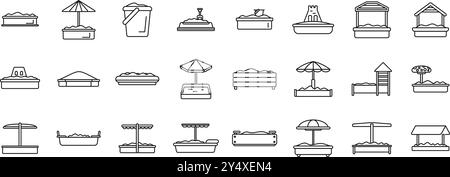 Sandbox-Symbole festgelegt. Untergeordnete Sandbox-Symbole festgelegt. Kontursatz von untergeordneten Sandbox-Vektorsymbolen für Webdesign isoliert auf weißem Hintergrund Stock Vektor
