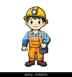 Kleiner Minenarbeiter in Uniform, Zeichentrickfigur isoliert auf weiß Stock Vektor