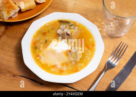 Ein beliebtes Gericht der russischen Küche ist Gurkensuppe mit Fleisch, die auf Basis eingelegter Gurken und Perlgerste aus der Nähe zubereitet wird Stockfoto