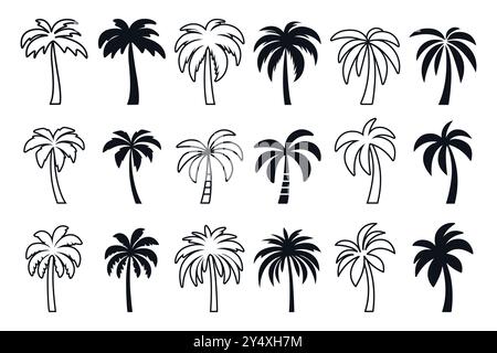 Vektor-Monochrom Handgezeichnete Palmenbaum-Symbolgruppe. Einfarbige Handflächenabbildungen zum Schneiden und Tätowieren. Minimalistische Palmkunst, Designelemente Stock Vektor
