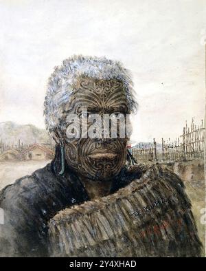 Aquarell Maori Krieger und Carver Te Kuha von Horatio Gordon Robley, um 1865 Stockfoto