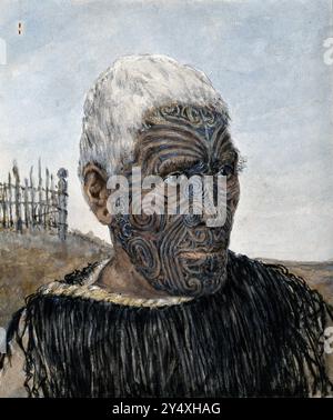 Aquarell des Maori-Häuptlings Te Manawa: Ein Arawa-Krieger, von Horatio Robley, um 1865 Stockfoto