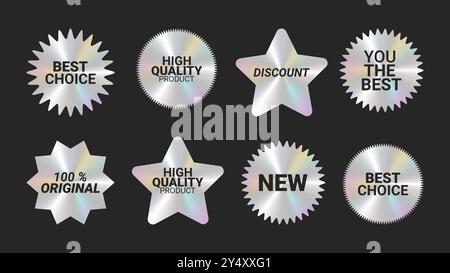 Holografische Aufkleber Logos Emblem Etiketten Farbset. Regenbogenglühen. Zur Verpackung von Werbematerial. Aufkleber für Kleidung oder Accessoires. Vektorabbildung. Stock Vektor