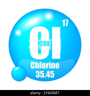 Chlor-Symbol. CL chemisches Element. Atomzahl 17. Masse 35.45. Blaues Kugelbild. Vektorsymbol. Stock Vektor