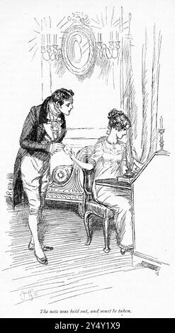 Gravur einer Szene aus dem Buch Mansfield Park von Jane Austen, Ausgabe 1926, illustriert von Hugh Thomson, als die Notiz gehalten wurde und genommen werden muss Stockfoto