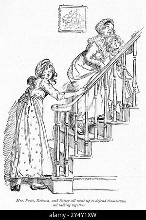 Gravur einer Szene aus dem Buch Mansfield Park von Jane Austen, Ausgabe 1926, illustriert von Hugh Thomson, die drei Frauen zeigt, die die Treppe hinaufgehen Stockfoto