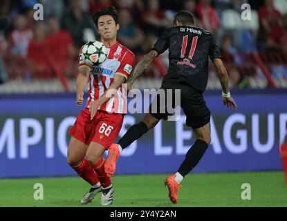 Belgrad. September 2024. Seol Youngwoo (L) von Crvena Zvezda streitet am 19. September 2024 mit Benficas Angel Di Maria während des UEFA Champions League-Spiels zwischen Crvena Zvezda und Benfica in Belgrad. Quelle: Predrag Milosavljevic/Xinhua/Alamy Live News Stockfoto