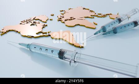 3D-Darstellung medizinischer Spritzen und globaler Karten als Symbol globaler Gesundheitsinitiativen, Krankheitsprävention oder medizinischer Fortschritte. Stockfoto