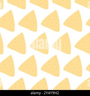 Tortilla Chips nahtlose Muster Nachos Tag Wallpaper oder Gruß abstrakte Hintergrund Textur Idee. Isolierte Vektor-Illustration Verpackung oder Web, Karten, Poster, Banner, Broschüren oder Preisanhänger, Etikett Stock Vektor