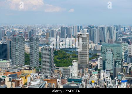 Blick auf die Skyline der modernen Stadt von Tokio aus der Vogelperspektive einschließlich Zojo Ji Tempel vom Oberdeck des Tokioter Turms in Minato City, Tokio, Japan. Stockfoto